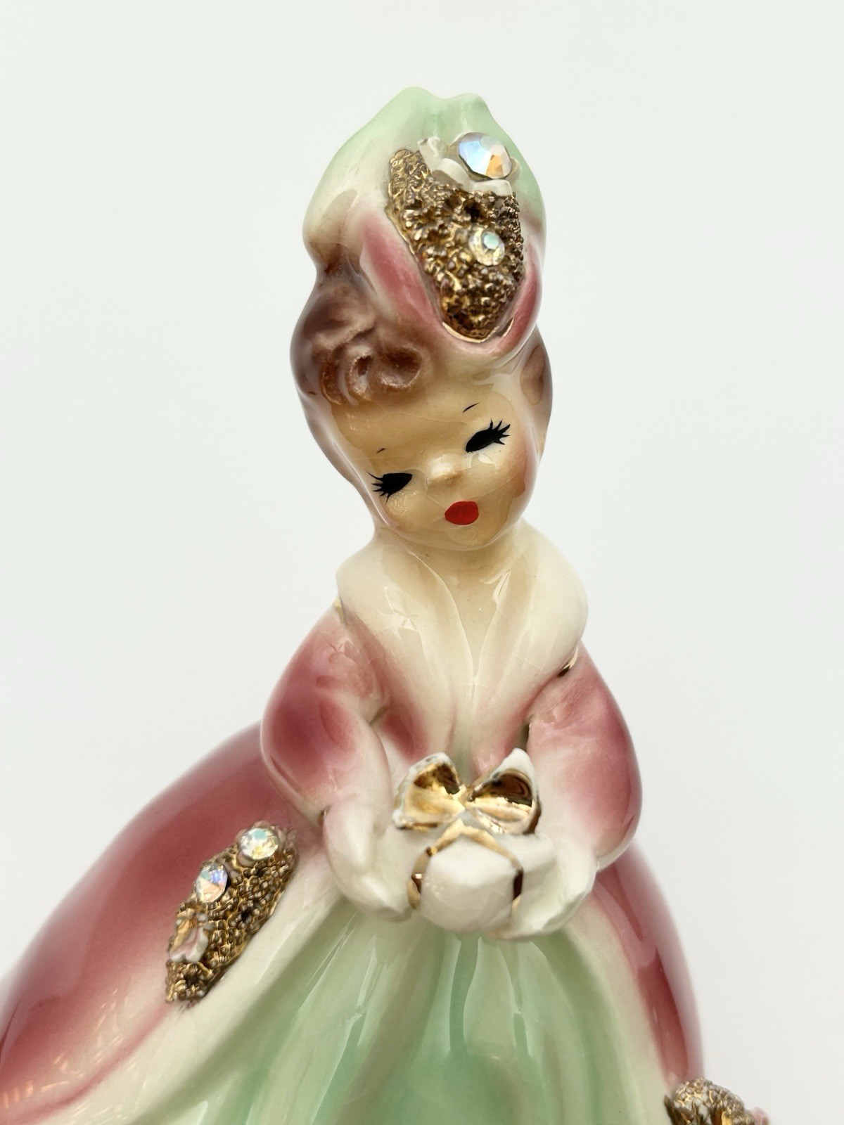 1950s Josef Originals California Little Gift Pink Girl Clear Gems Figurine