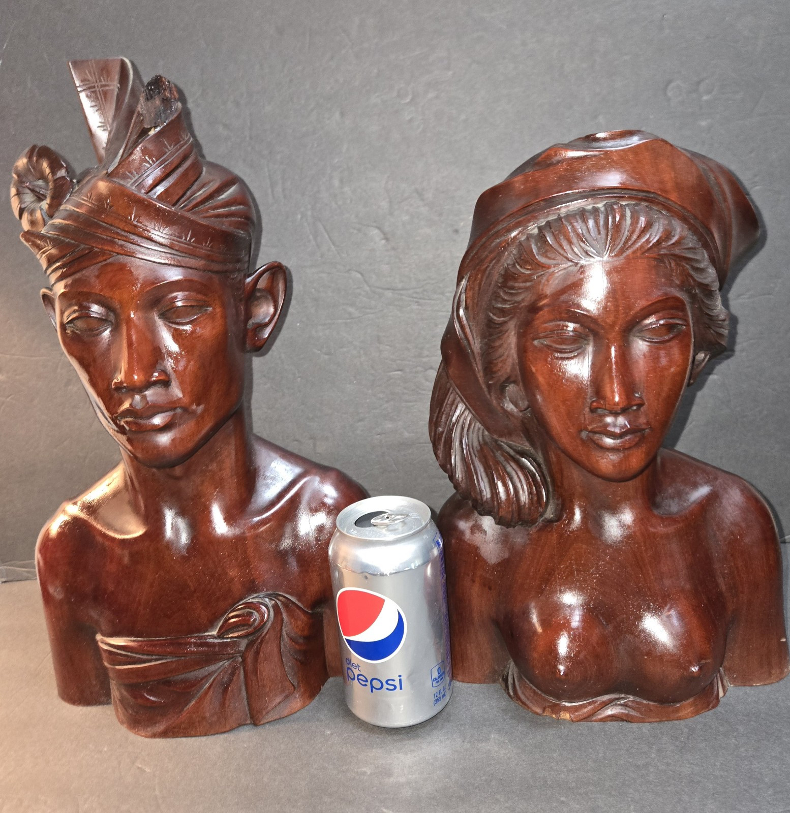 Large 15 In Tall Bali Man & Woman Indonesia Hand-Carved Hard Wood Vintage