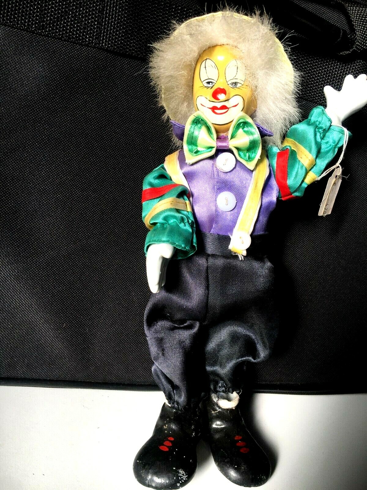 Vintage Clown Doll Figurine Hand Made 10″ Porcelain Face Hand Feet multi-colors