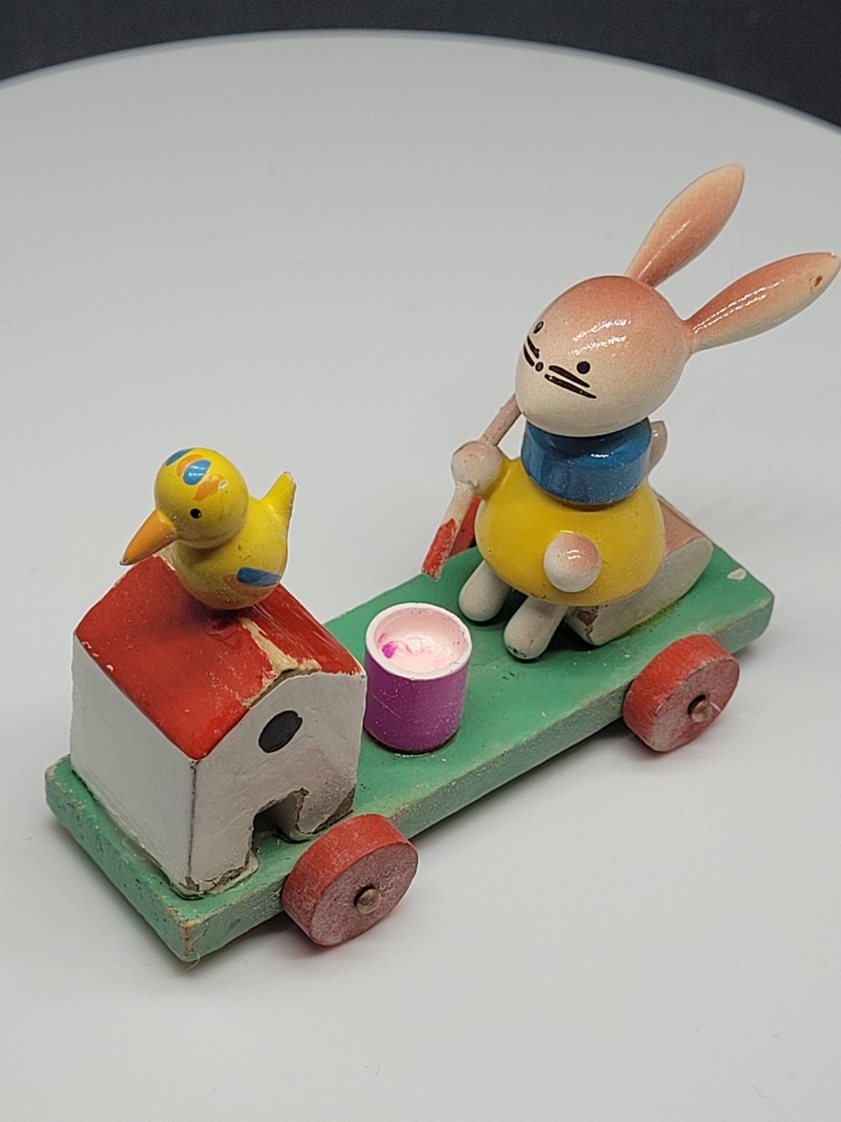 Vtg Goula Spain Wood Easter Figure Bunny Rabbit Paints Egg on Wheels Push Toy