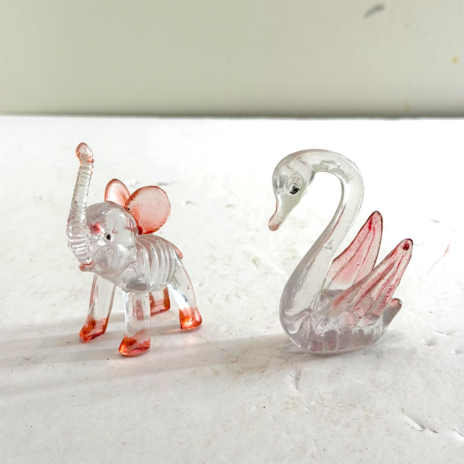 Vintage 1970s Crystalite Pets Clear Pink Acrylic Swan Elephant Set Hong Kong