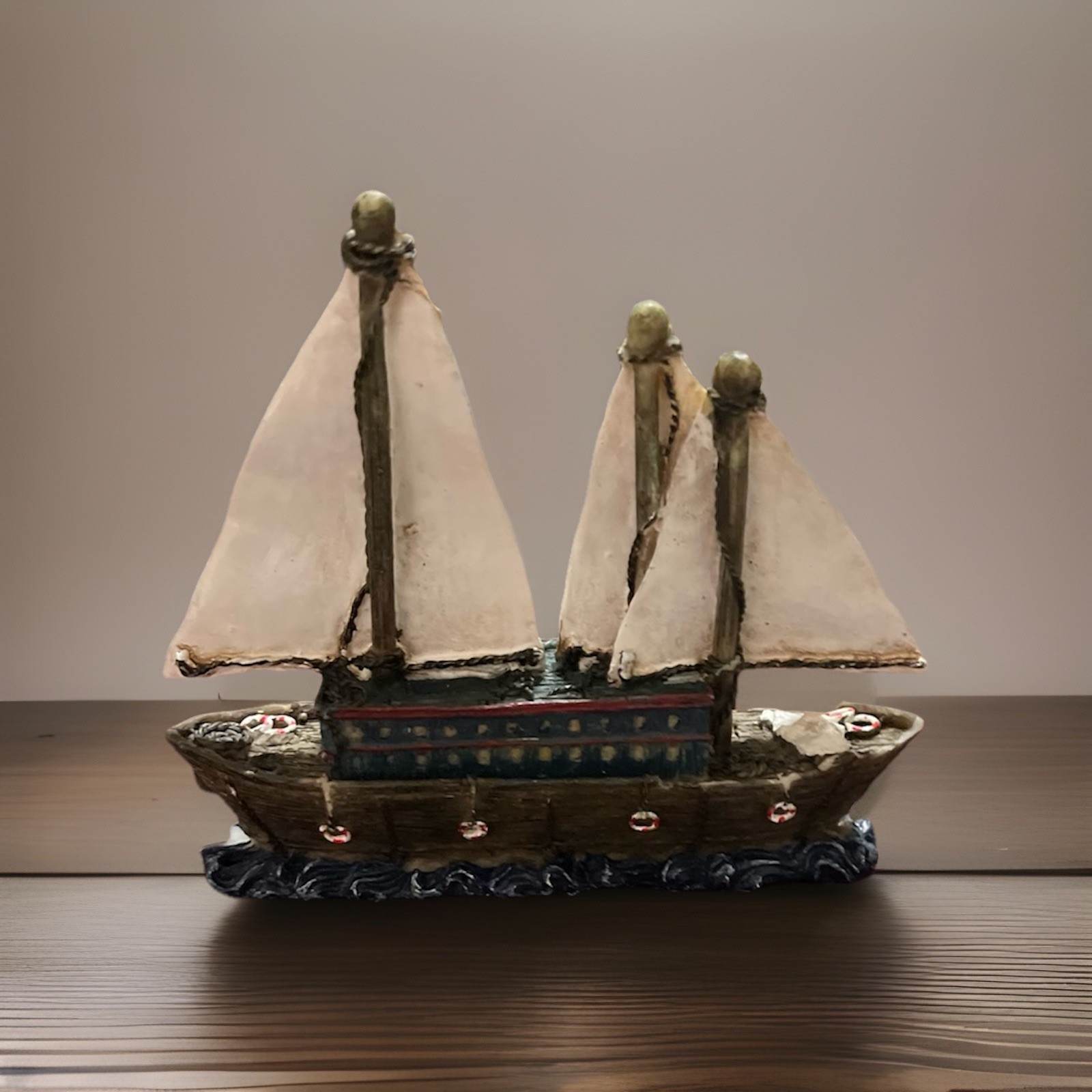 Vintage Metal Nautical Sailboat Figurine Sculpture, Brown/Beige/Blue, 3D Effect