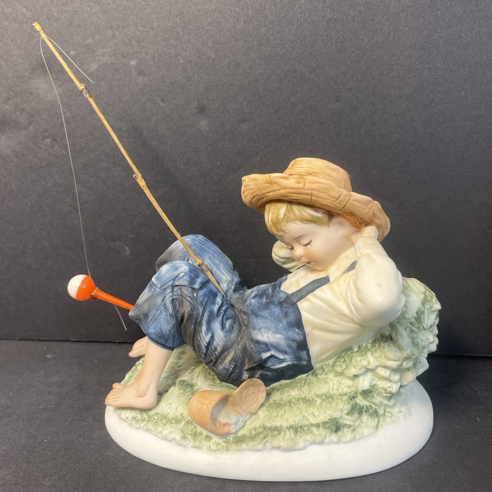 Lefton Bisque Figurine KW3839 Napping Barefoot Boy Fisherman In Overalls Vintage