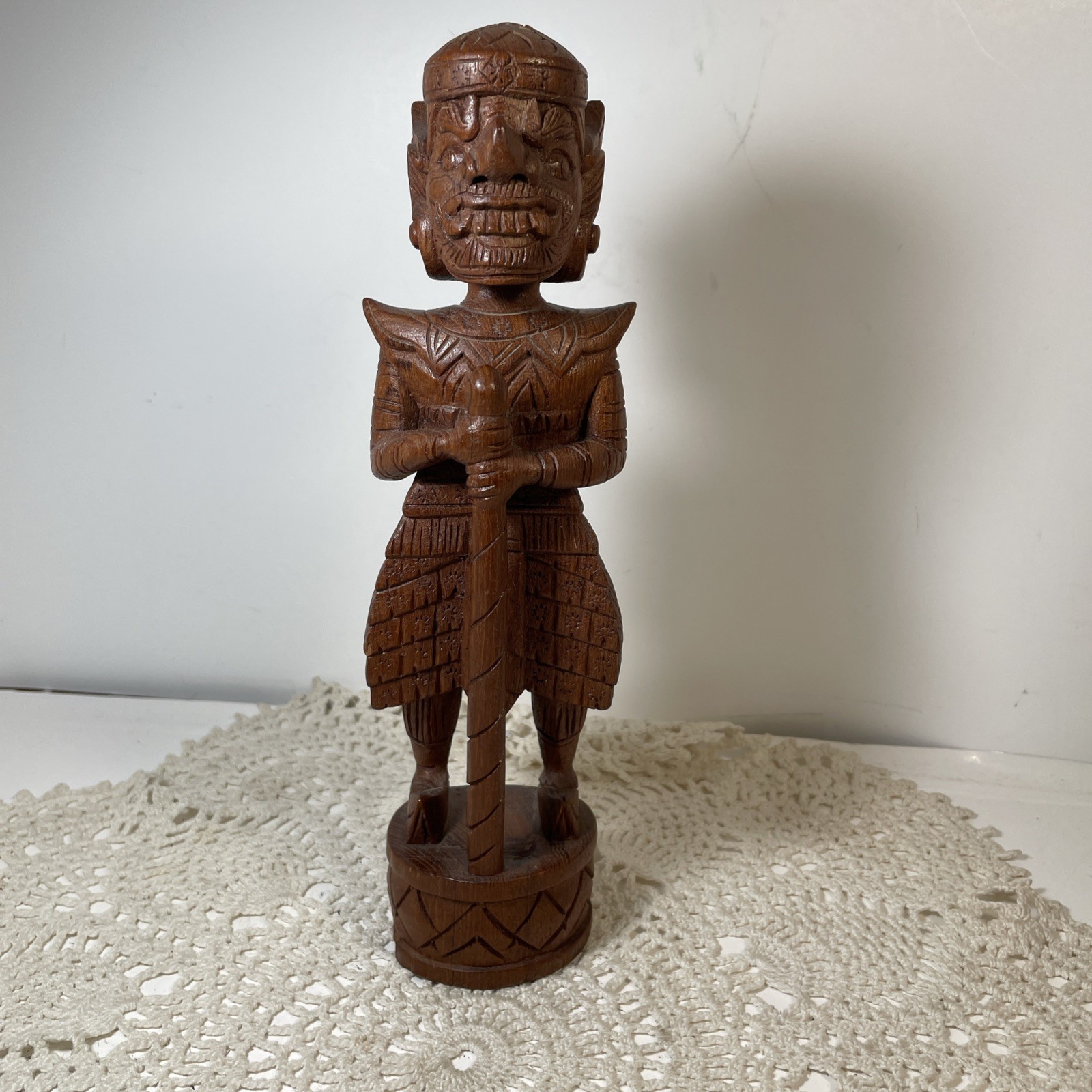 Vintage Yaksha Thai Temple Guard Statue Teak Wood Carved Thailand Guardian 10”