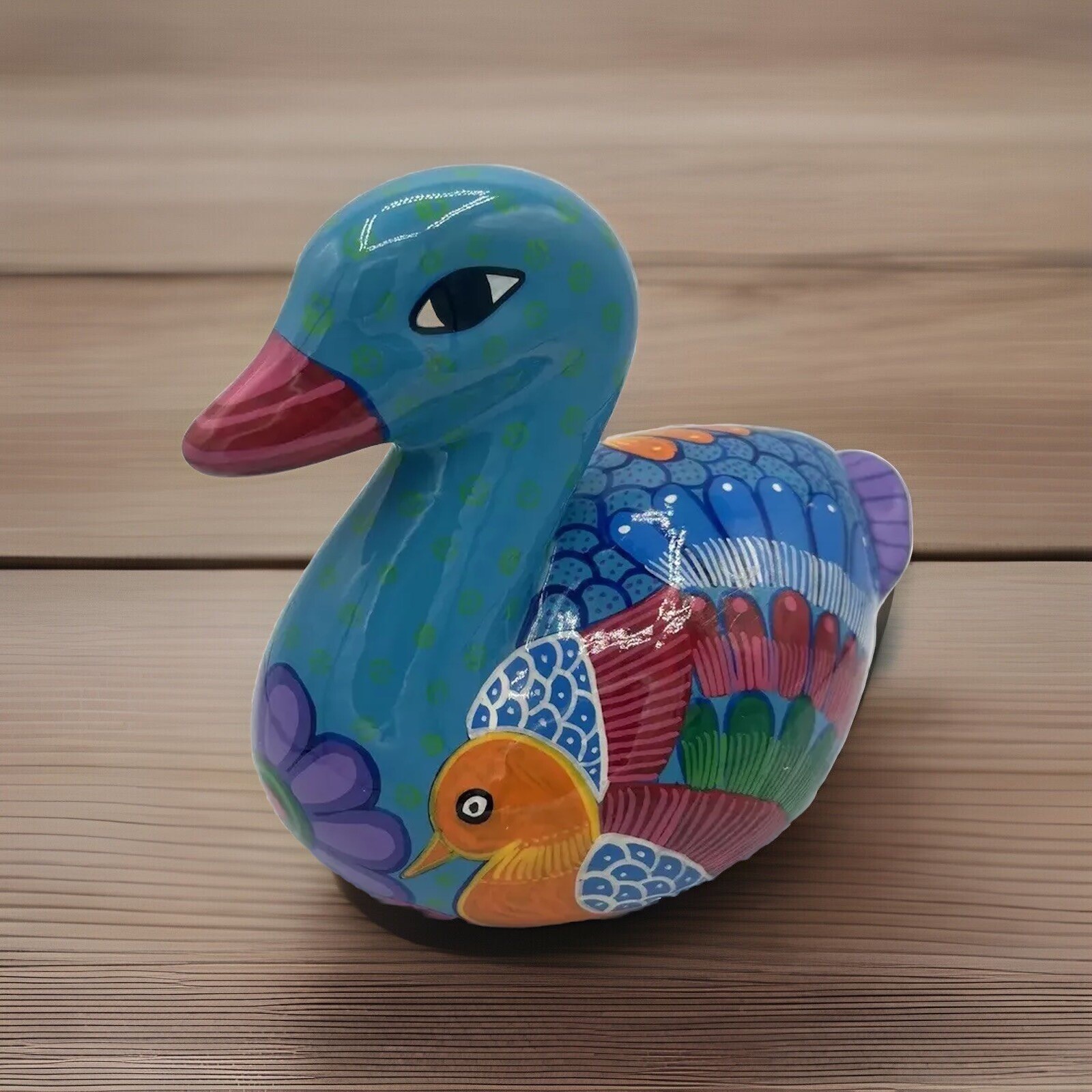 Vtg Folk Art Mexican Redware Pottery Duck Figurine Hand Painted Colorful Duck