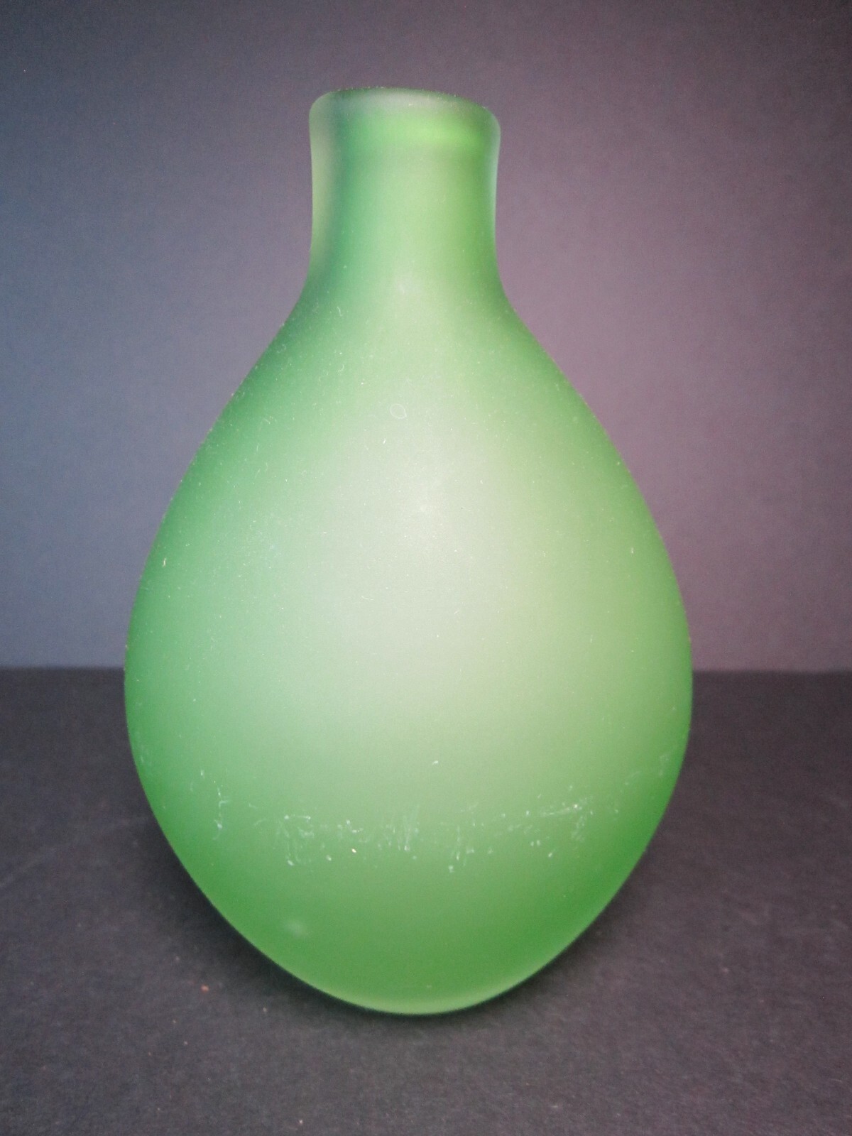 Green Satin Glass Vase Vessel Vintage MCM Rolled Blob Top Ground Bottom 5.25″