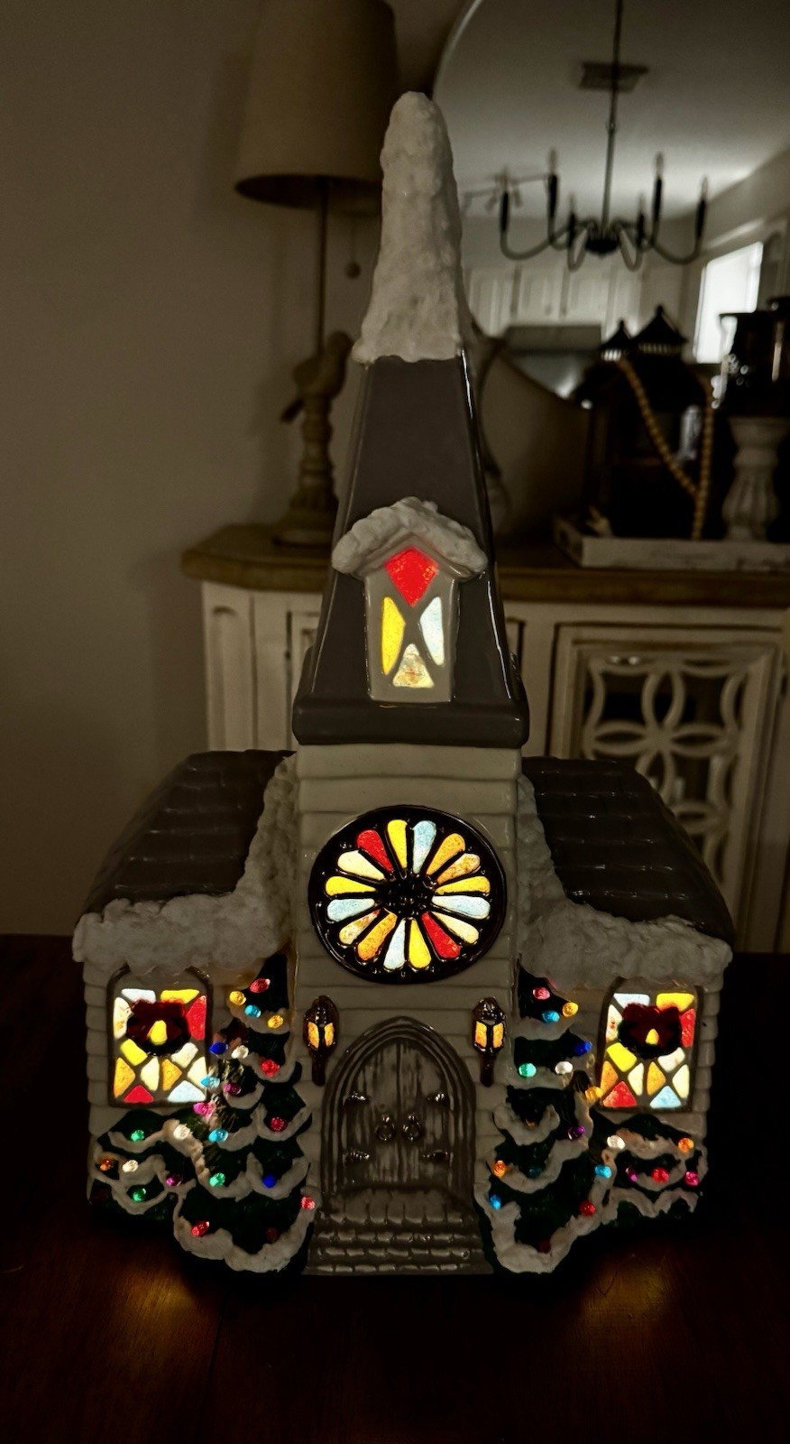 Vintage Le Fauve Ceramic Atlantic Mold Lighted Church Stained Glass Hand Painted