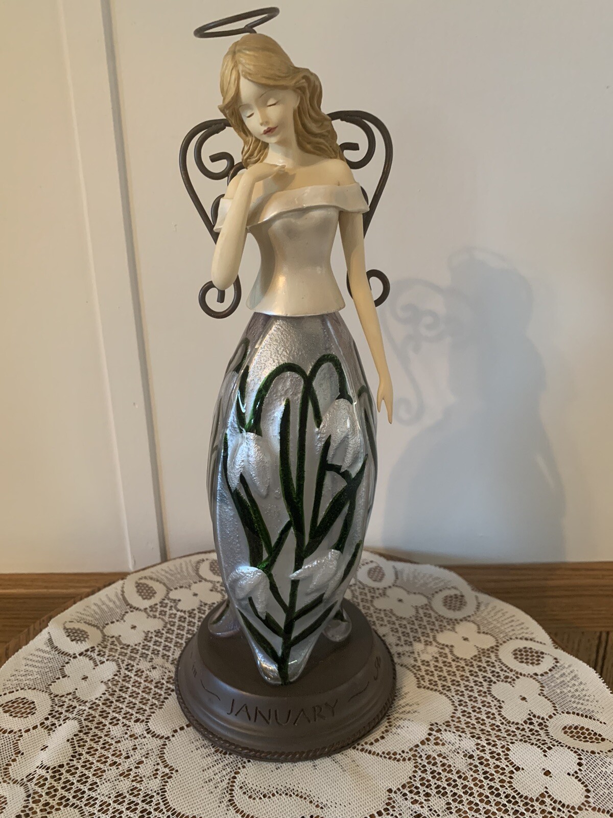 Hallmark January Birth Month Angel Figurine Flower Floral Skirt 11 Inches Tall