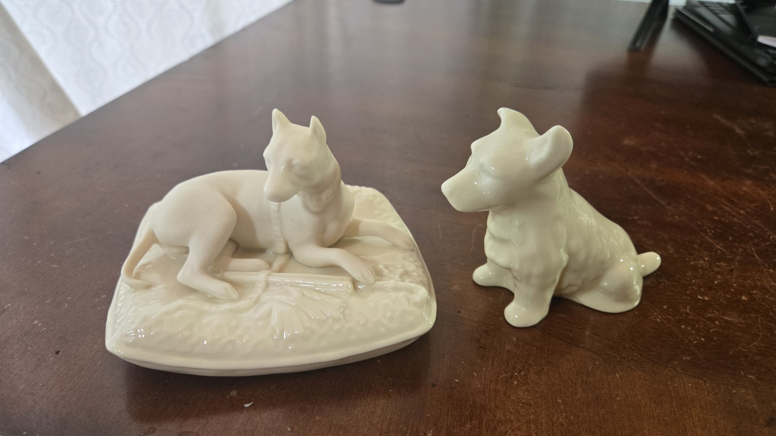2 Porcelain Belleek Dog Figurine Boxer on Cushion & Scottish Terrier 6th T.M.