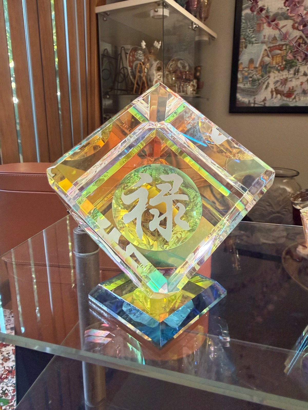 Vintage Two Dichroic Iridescent Crystal Glass Optical Cube Sculpture Asian