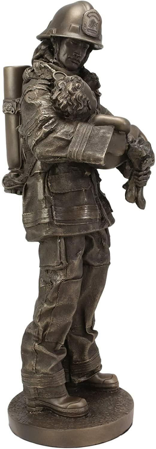 Ebros Fireman Fire Fighter Holding Child Decorative Figurine 12″H Resin Hero
