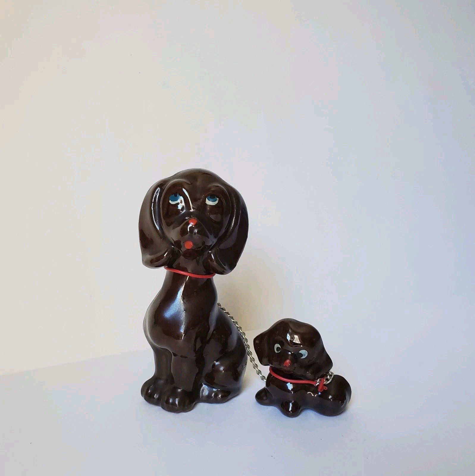 Redware Pottery Dog Mom With Puppy on Chain Hound Anthropomorphic Kitsch MCM Vtg