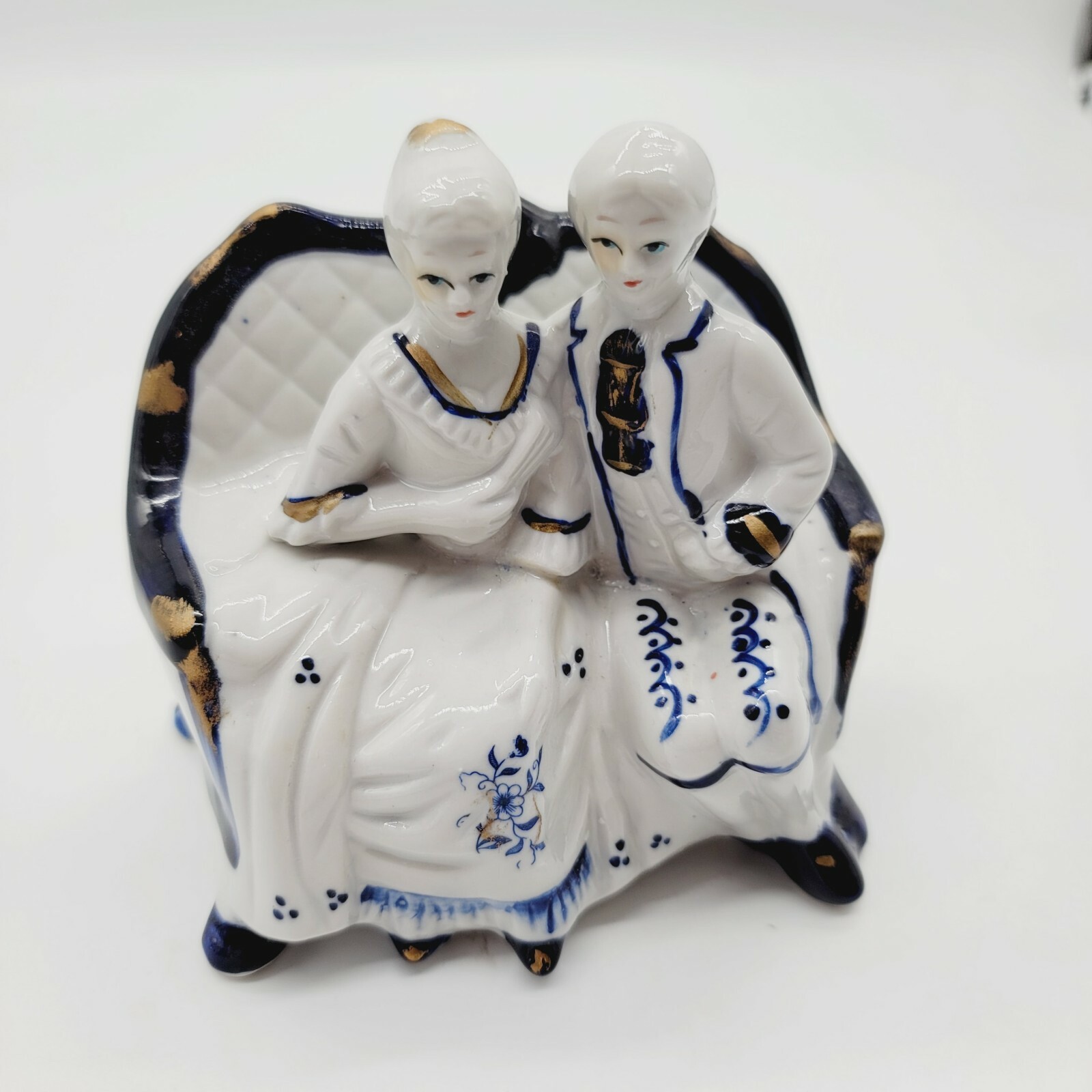 5″ X 5.5″ Vintage Blue White Porcelain Figurine Victorian Couple Sitting Couch