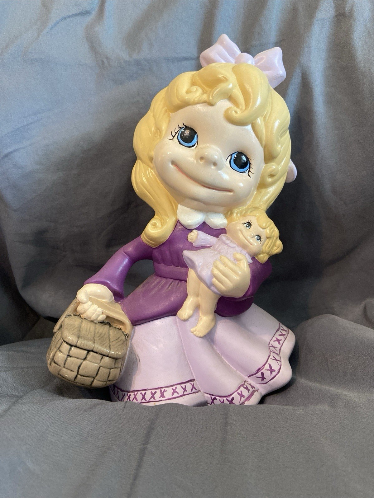 12″ – Vintage Atlantic Mold – Smiley Girl W/ Doll & Basket – Purple Dress