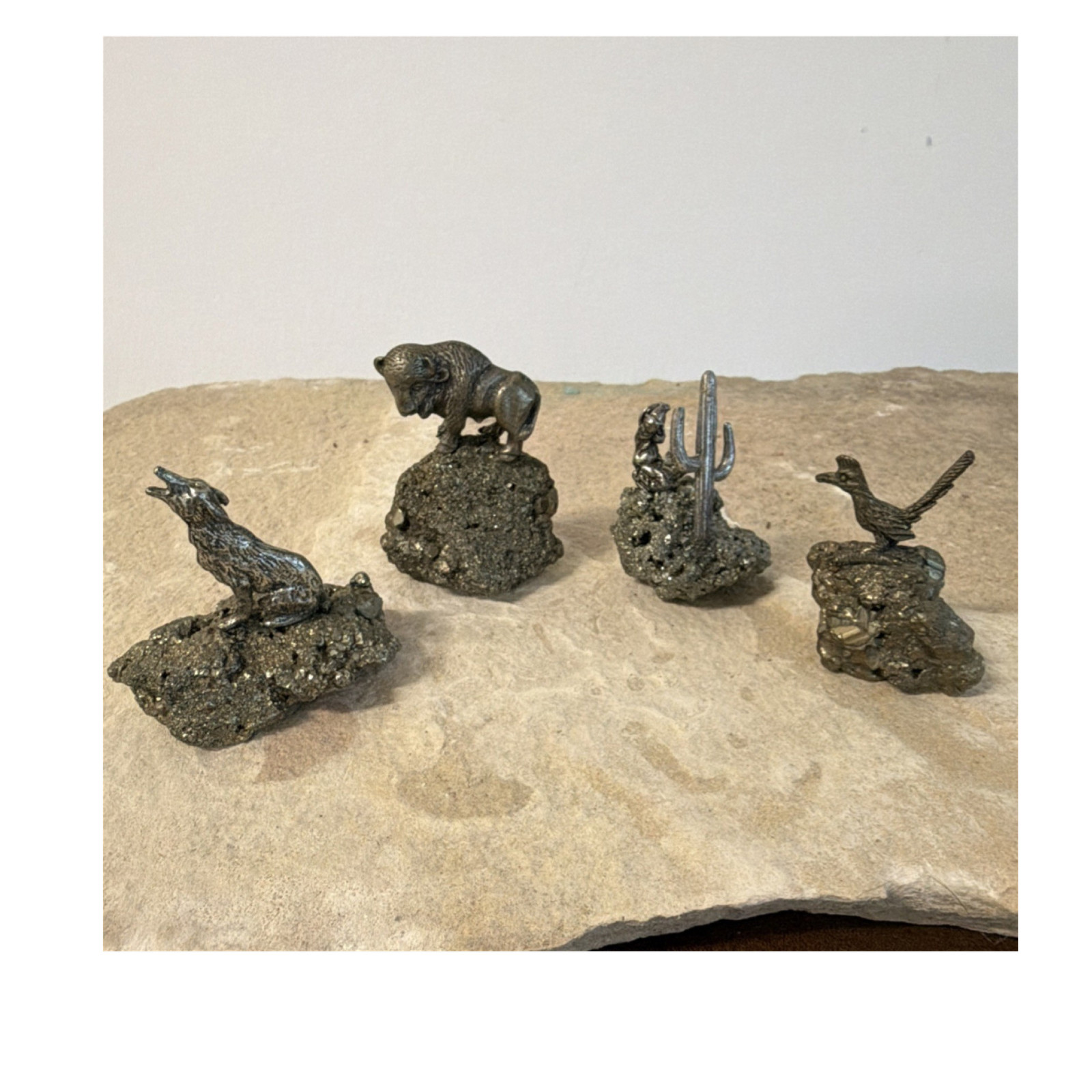 Set of 4 Metal Animal Figurines on Stone Bases, Wolf, Bison, Cactus, Bird