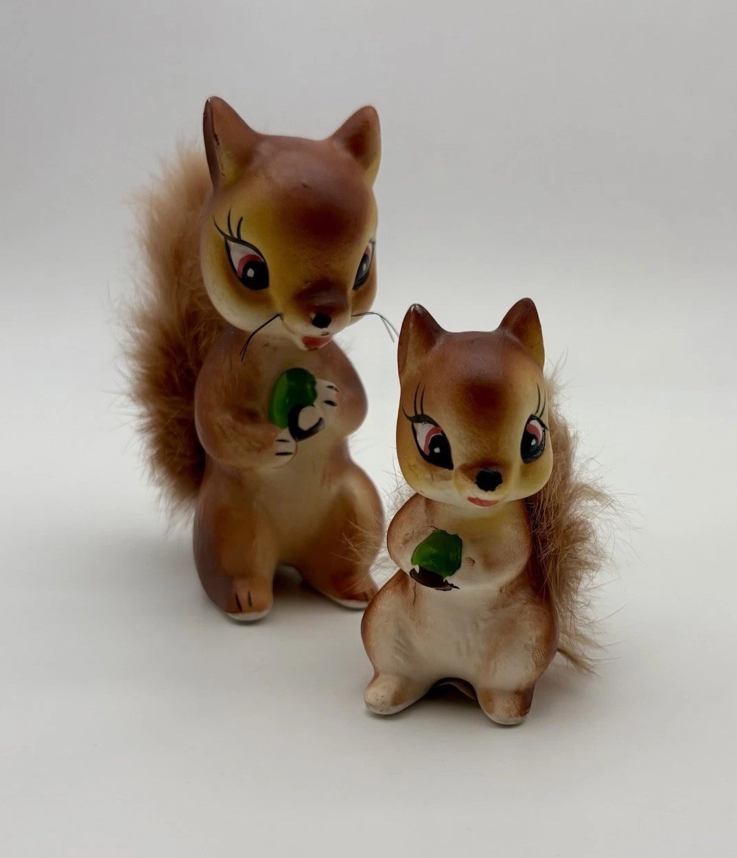 2 Vintage MCM Ceramic Squirrel Chipmunk Figurines Fur Tails 50s Baby Kitschy