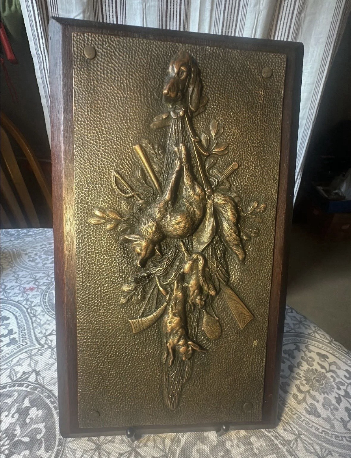 Antique Wood & Metal Wall Plaque Hunting Dog 3D Relief Finish Early 20th C