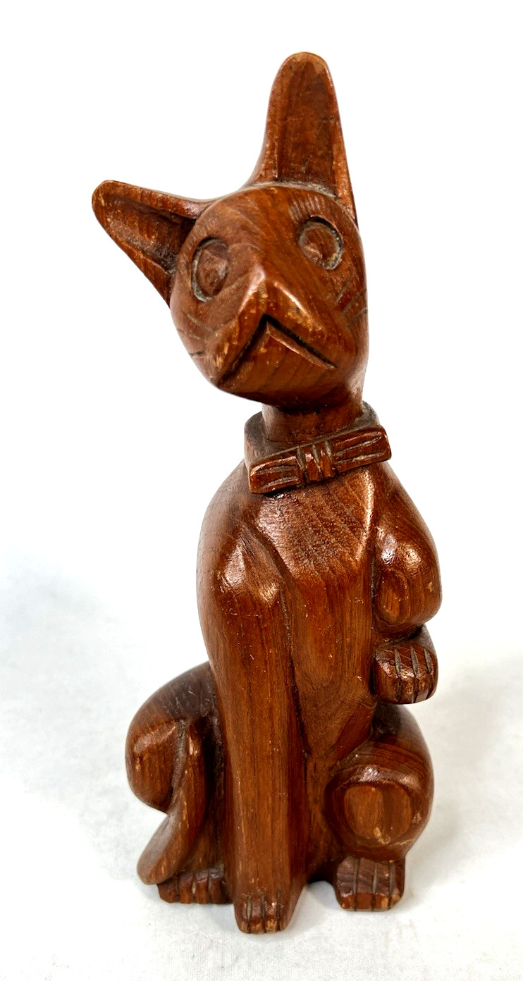 Vintage 60s MCM Hand Carved Teak Wood Cat Figurine Mid Century Bowtie 9.5″ Kitty