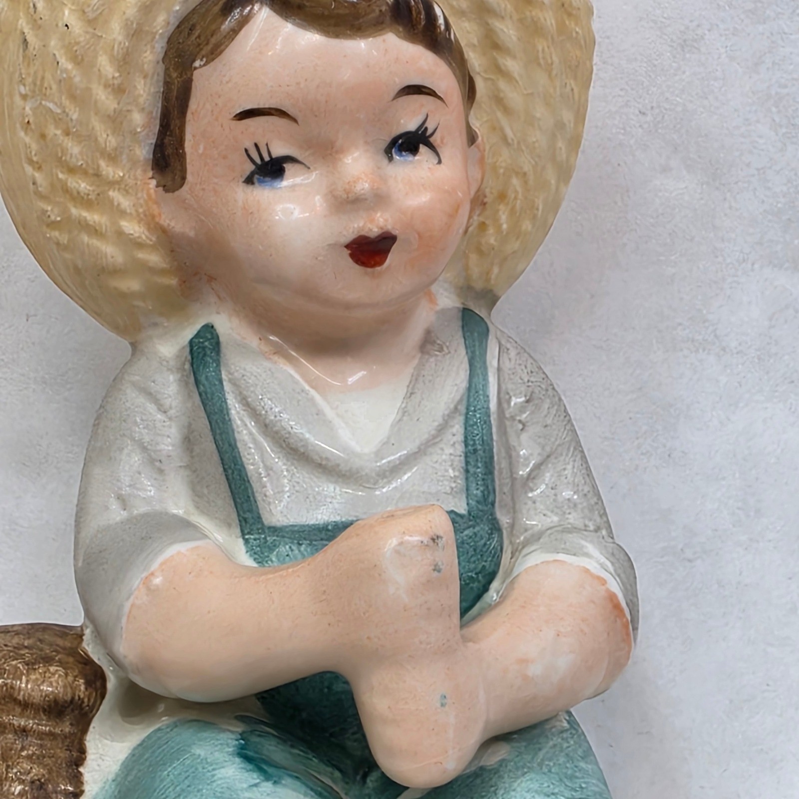 Ceramic Shelf Sitter Fishing Boy Figurine 5.5″ Blue Vintage Country Decor