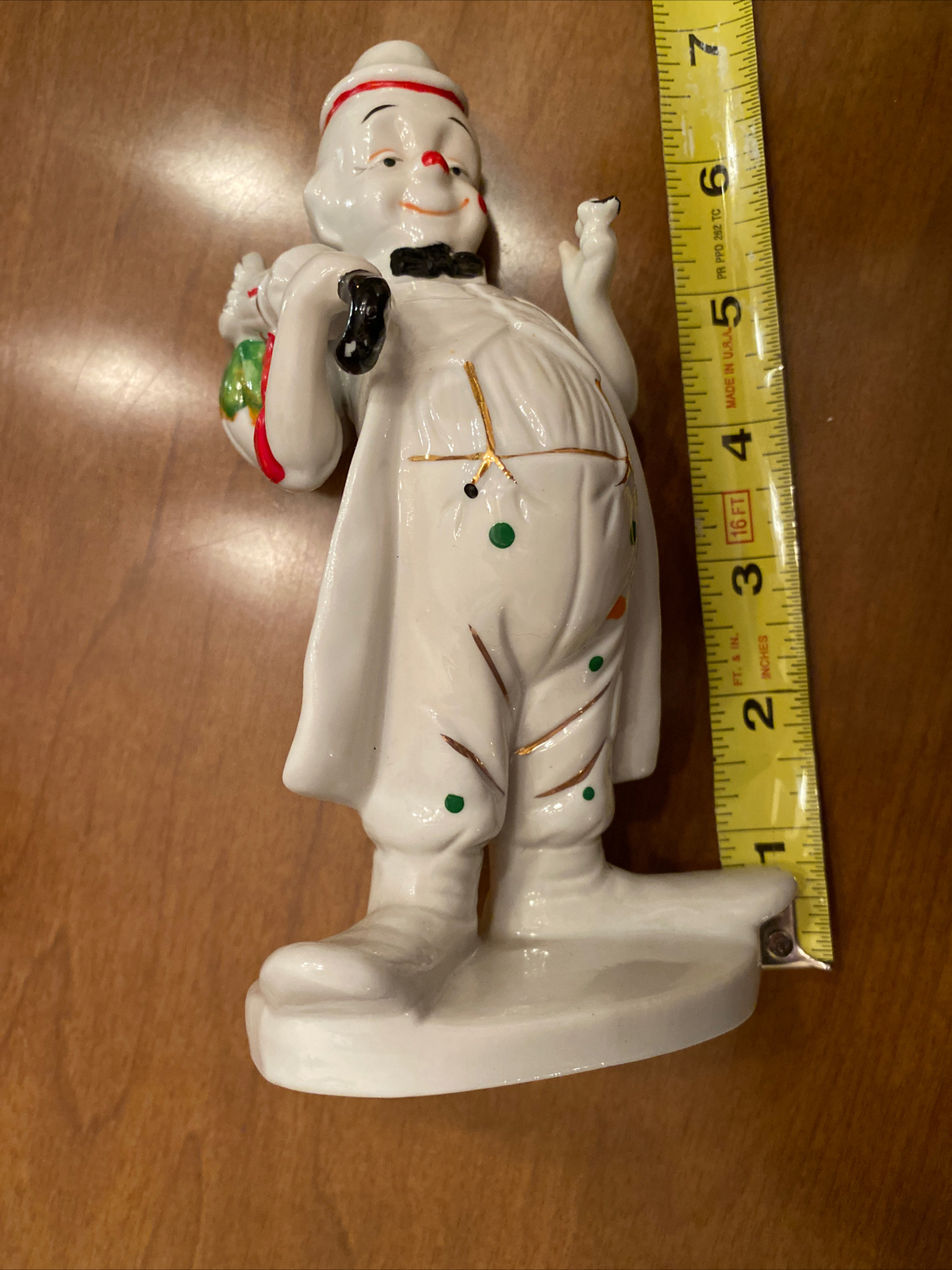 Vintage Circus Clown Polka Dots White Figurine with Umbrella