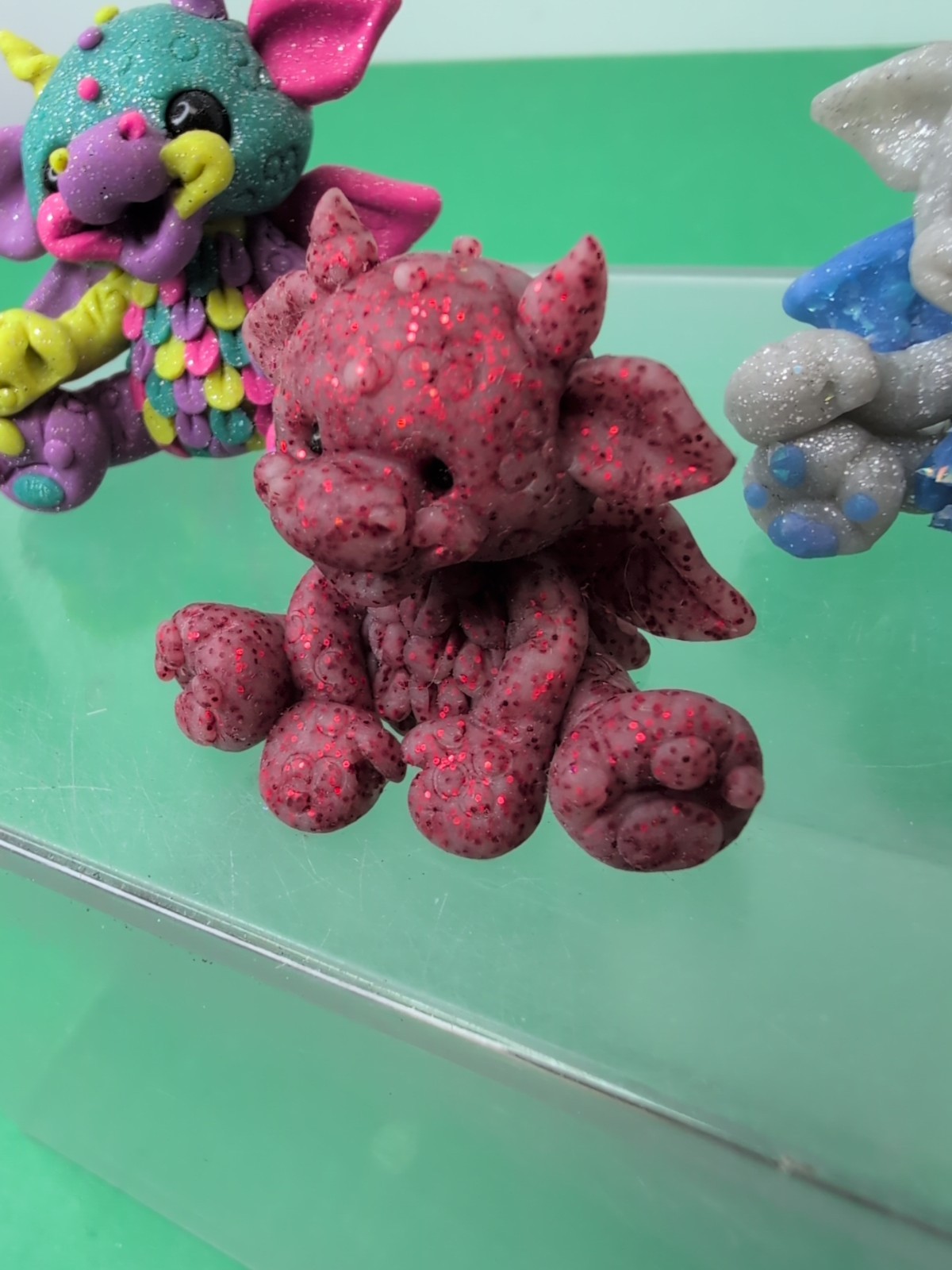 2″ Lot Of 3 Handmade Polymer Clay Figurines Dragons Glitter Cute Faces #DR8