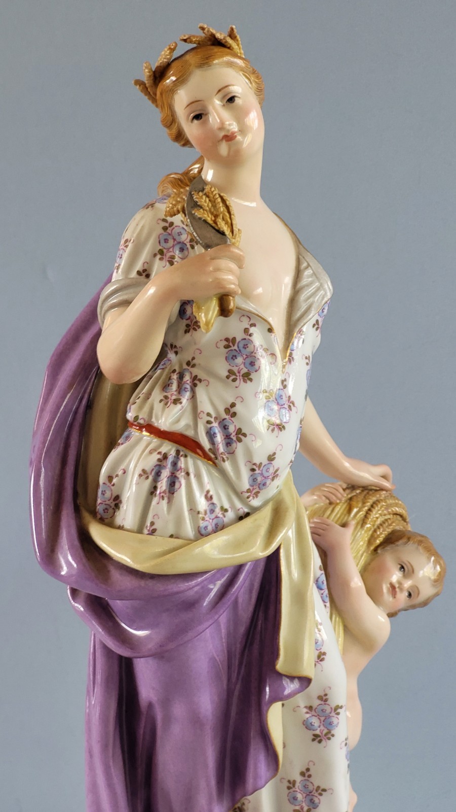 Antique Meissen Porcelain Figure 11 1/2″ Allegory of Summer Wheat w Putti c 1900