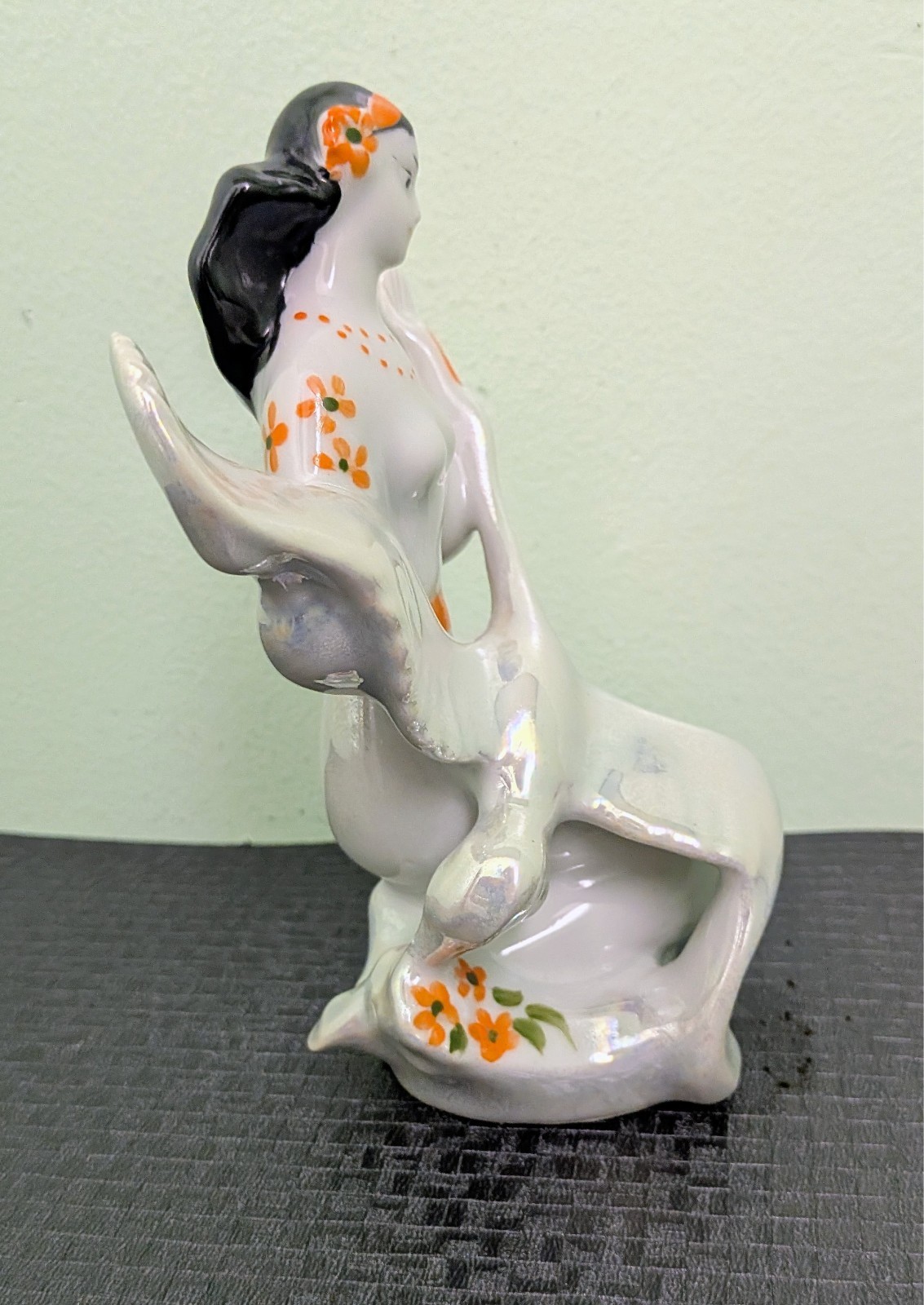 Vintage 1970s USSR UKRAINIAN GIRL w/SWAN Porcelain Figurine, 6.5″ Tall