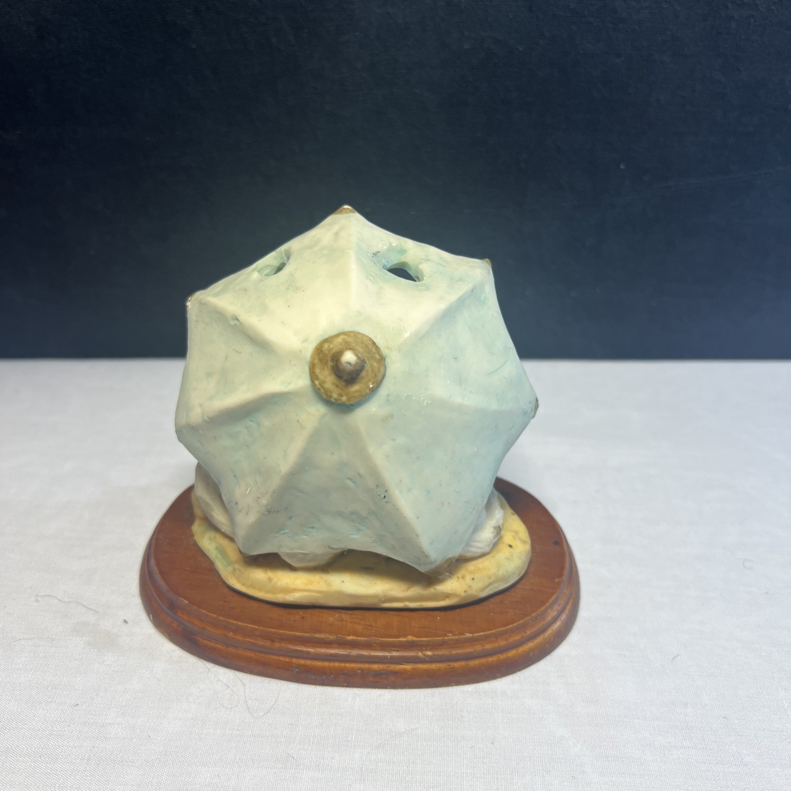 Vintage Wood Base Porcelain Cats Figurine. Cats Sitting Under Holey Umbrella