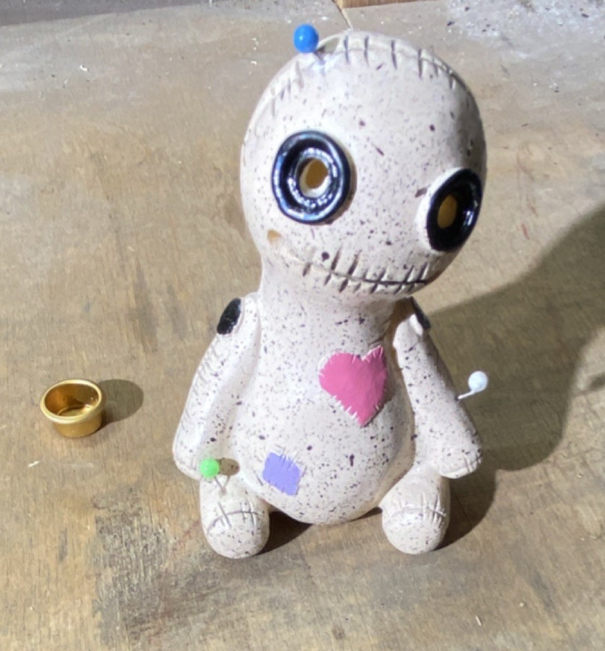 Ceramic Voodoo Doll Figurine with Removable Insert Boxed Beige Black Pink Blue