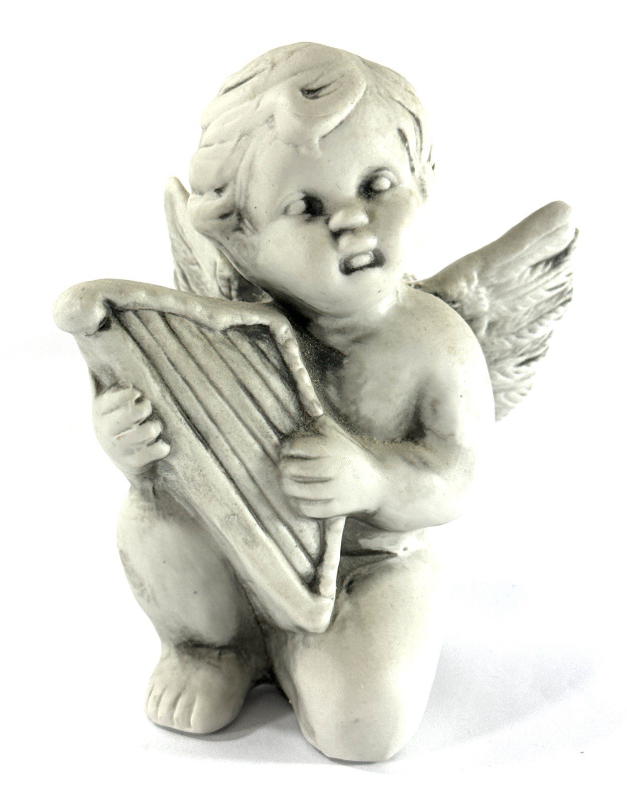 Vintage Gray Cherub Angel Playing Harp Figurine 6” Bisque Ceramic Putti