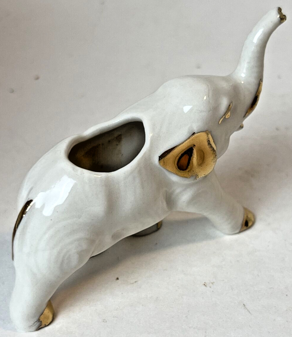 Vintage Miniature Elephant Planter Toothpick Holder White Porcelain Gold Accents