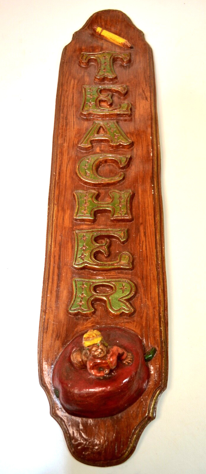 Vintage 1970s OOAK Handmade Hobbyist Teacher Plaque Plaster Apple Worm Signed
