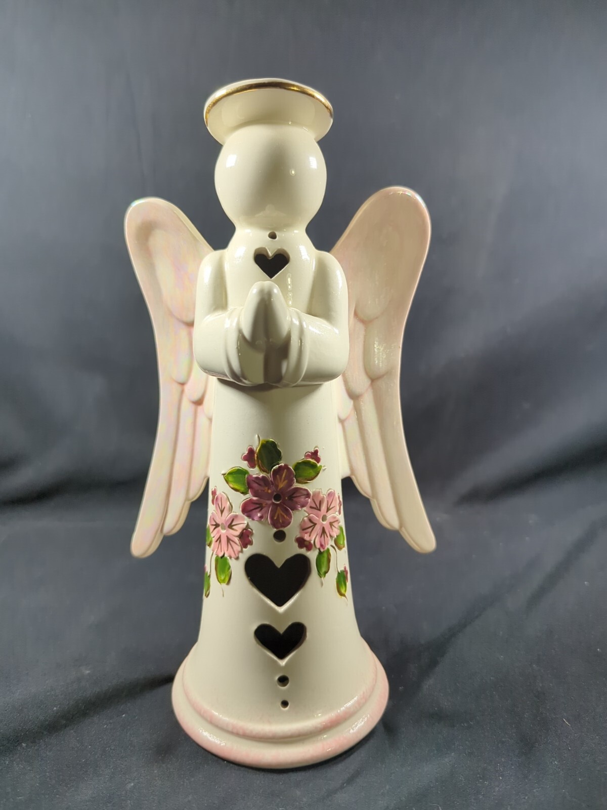 Vintage 9.5″ Ceramic Iridescent Angel figurine Praying Hands Floral dress Hearts