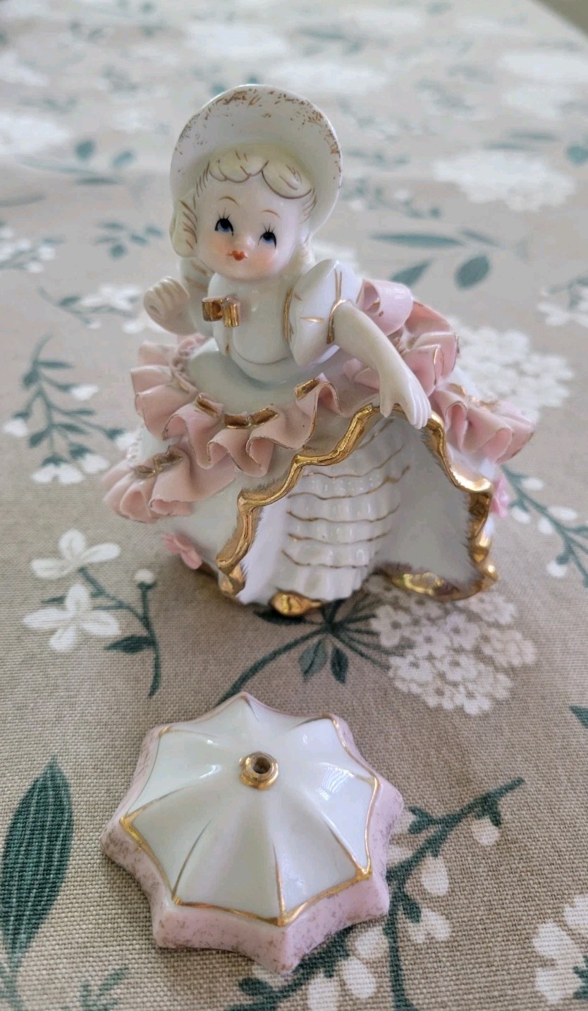 Vtg Lefton Pink Bloomers Girl with Bonnet Signed Geo Z Lefton K1698 + UMBRELLA!