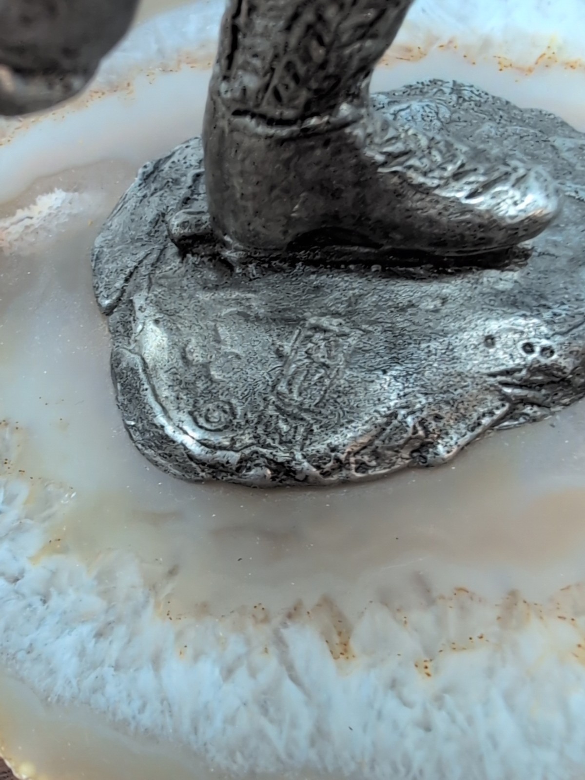 Pewter Figure, Young Boy Skating on a Lake of Banded Agate, Signed/Dated