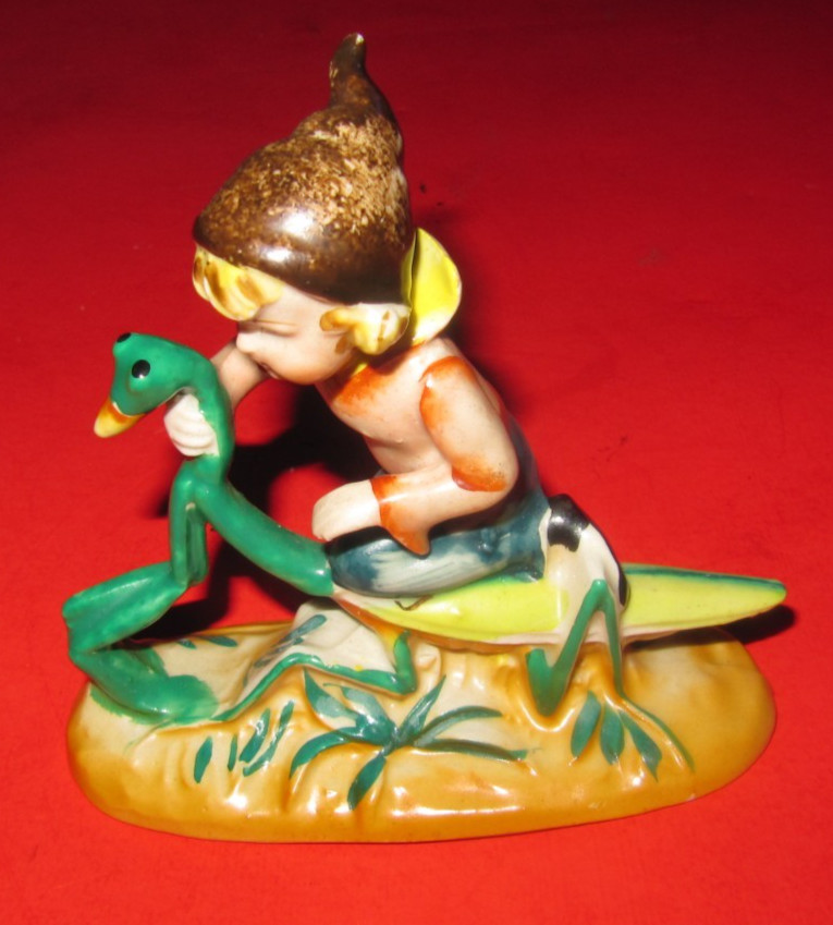 Vintage Occupied Japan Pixie Elf Gnome Figurine Riding Praying Mantis Free Ship