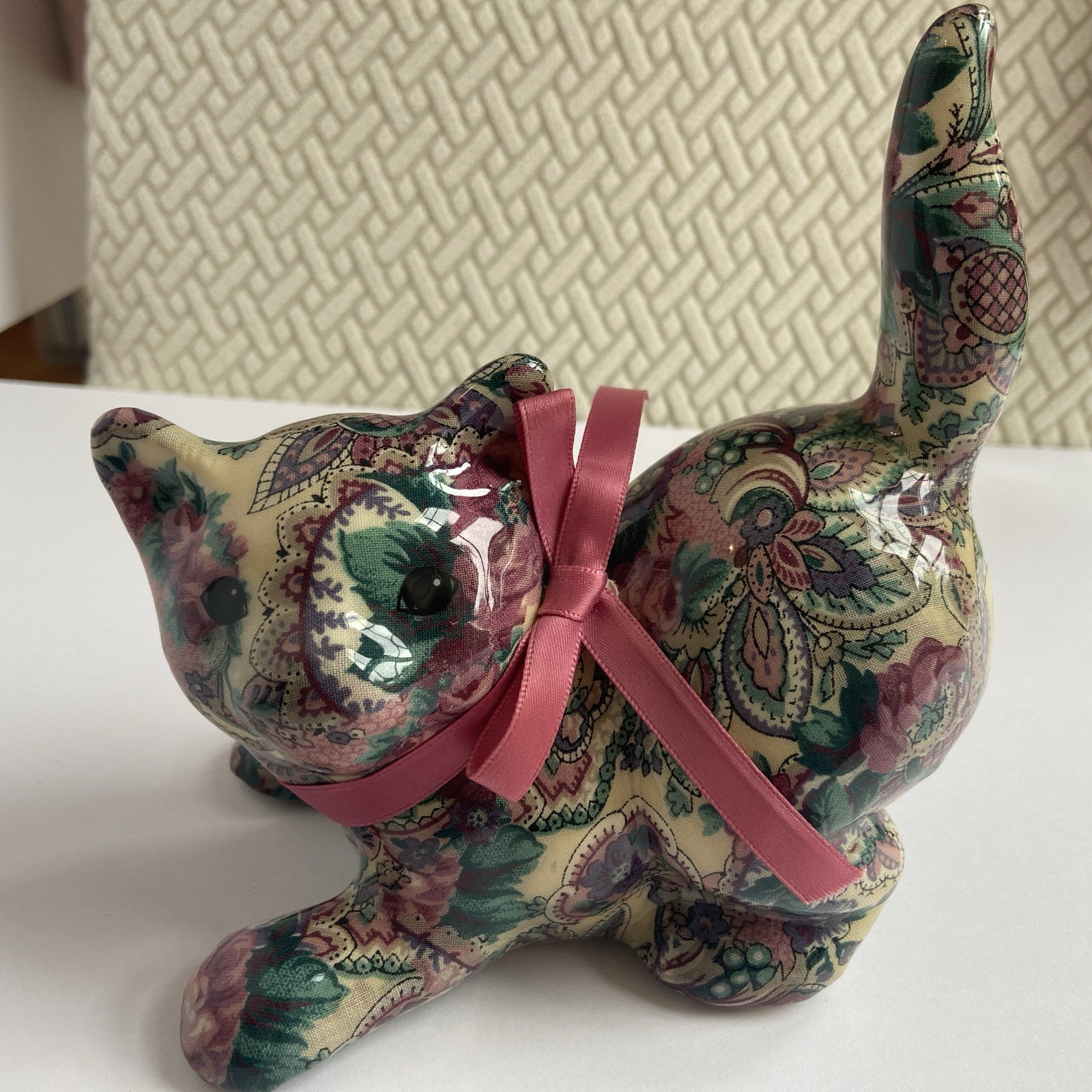 Porcelain Patchworks Floral Pink Spring Kitty Cat by Joan Baker Designs