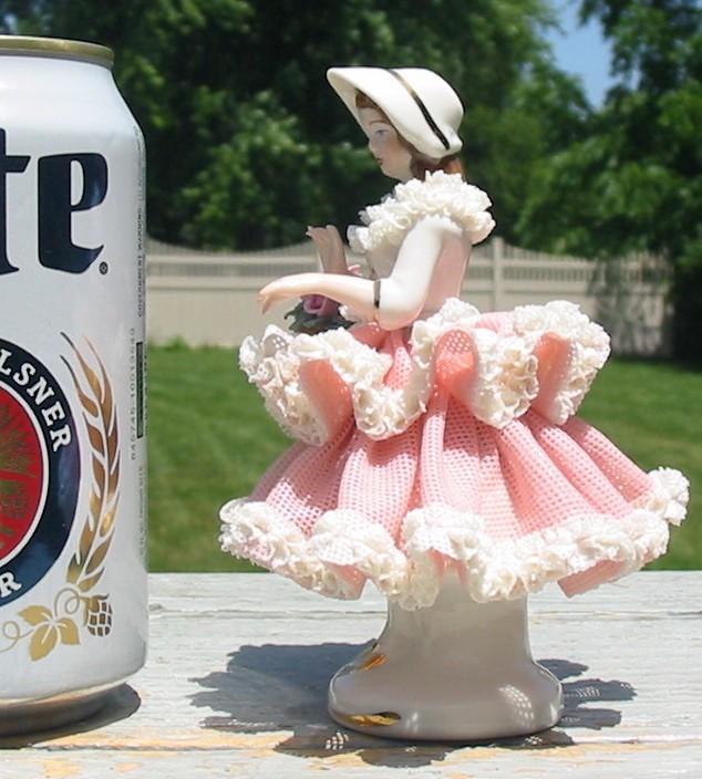 Vintage Dreden Ruffle Lace Pink Lady Rose Basket Germany 5″ Bonnet Girl Figure