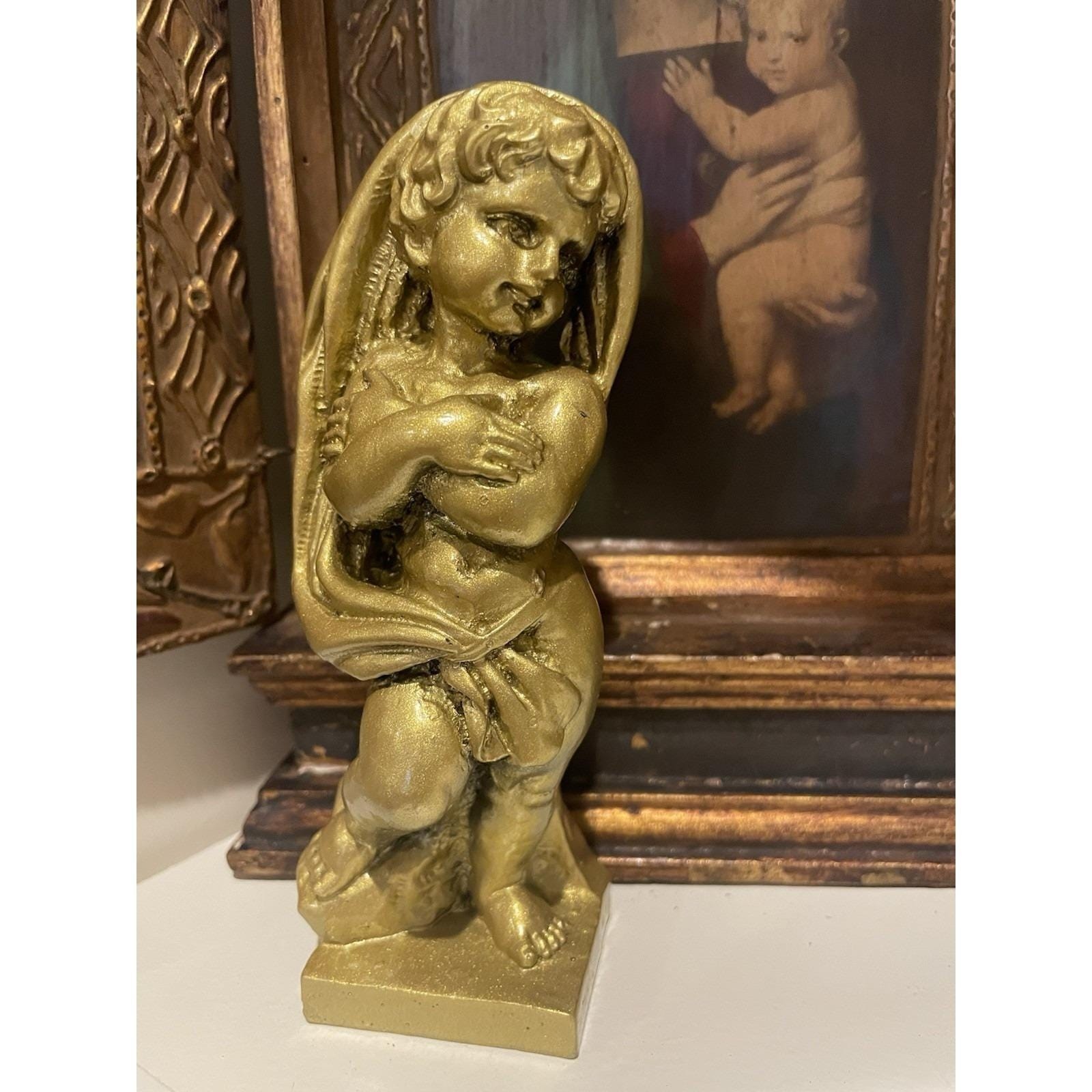Vintage Gold Putti Cherub Crossed Arms Statue Resin Hollywood Regency Decor 6″