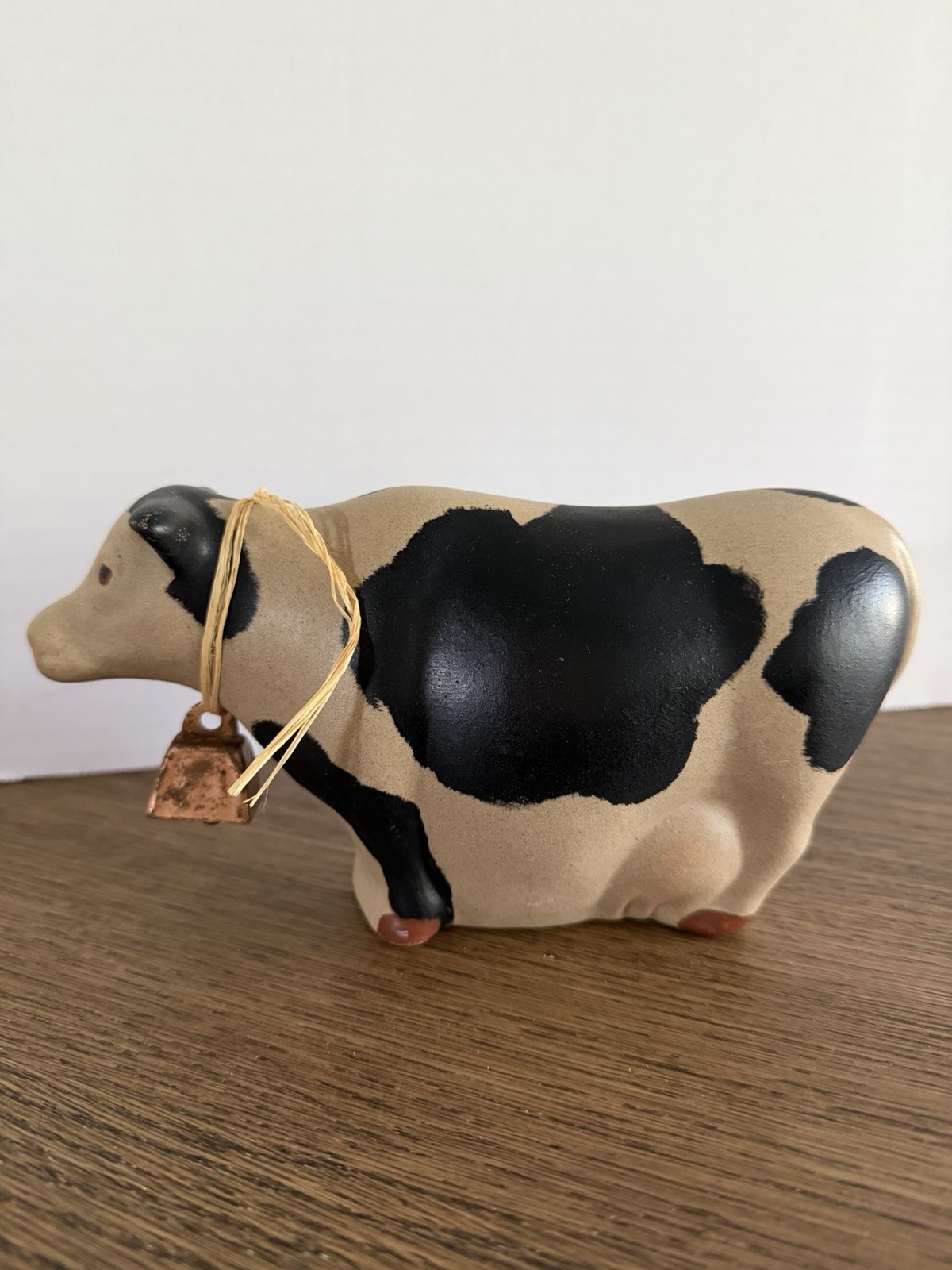 Whimsical farmhouse folk art cow figurine w/ small hanging bell