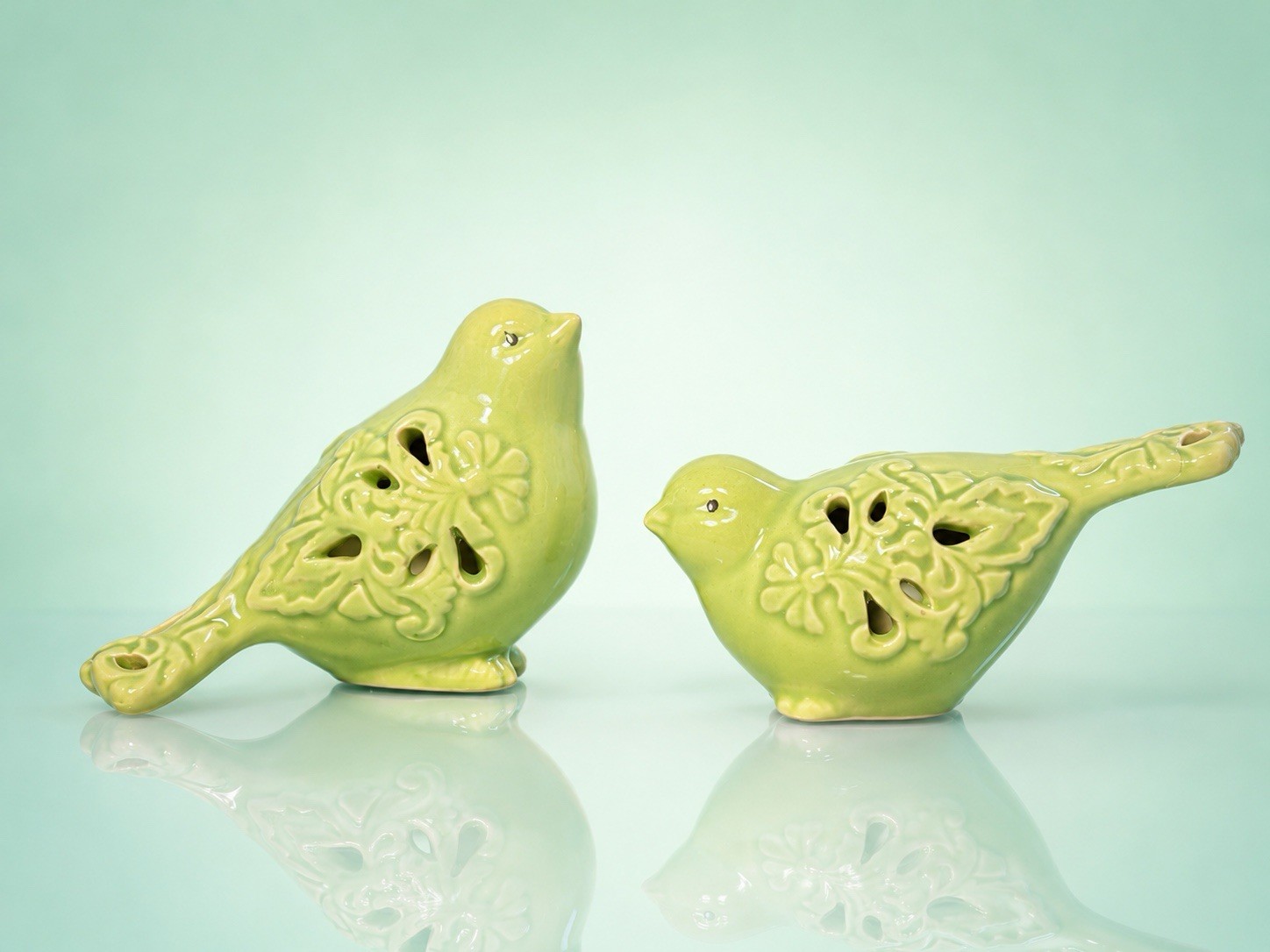 2 Green Ceramic Pierced Floral Bird Figurines, 5×5.5” REPAIRED
