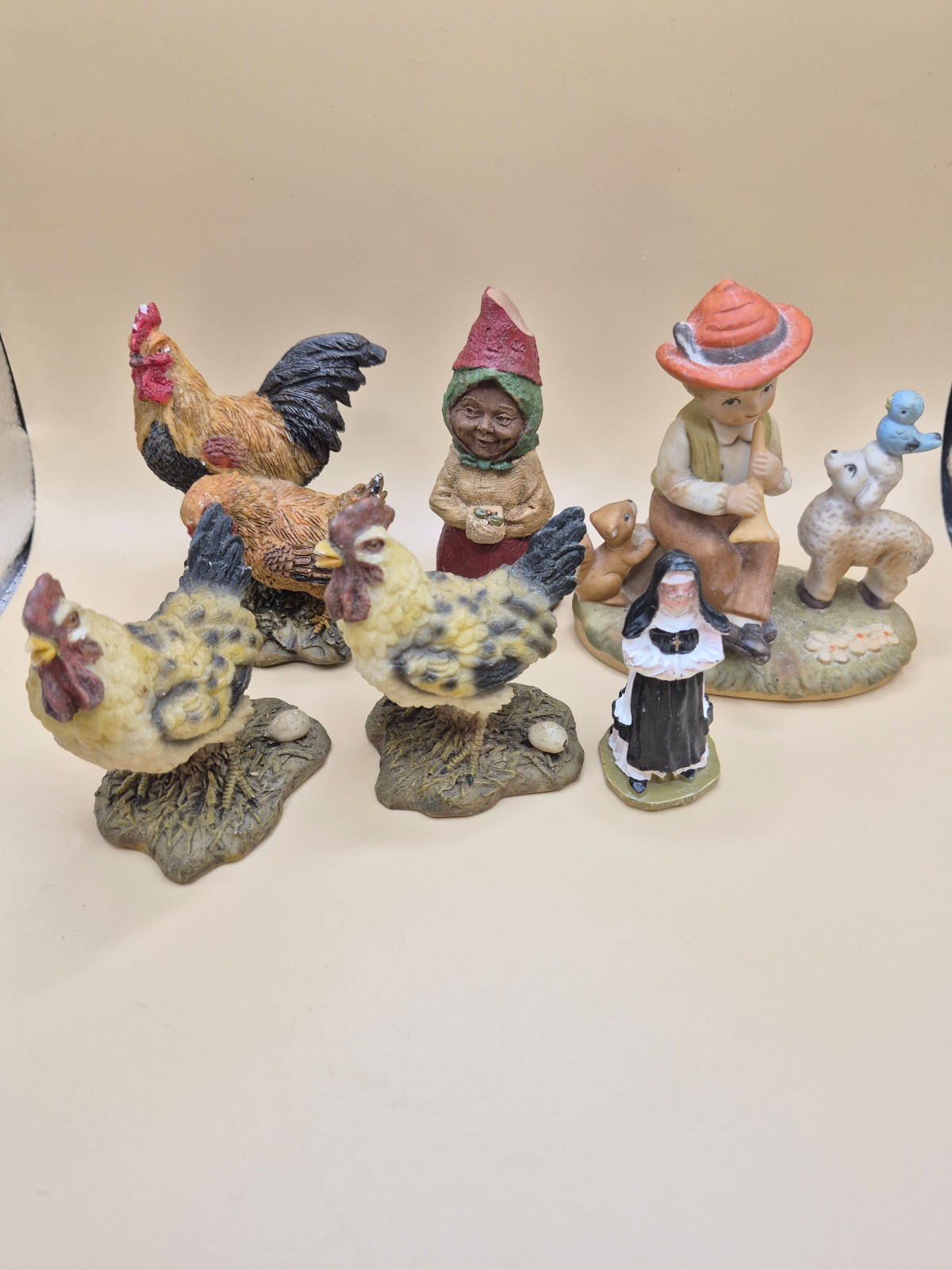 Vintage Figurine Lot- Tom Clark Gnome (Damaged) Hummel Style Chickens