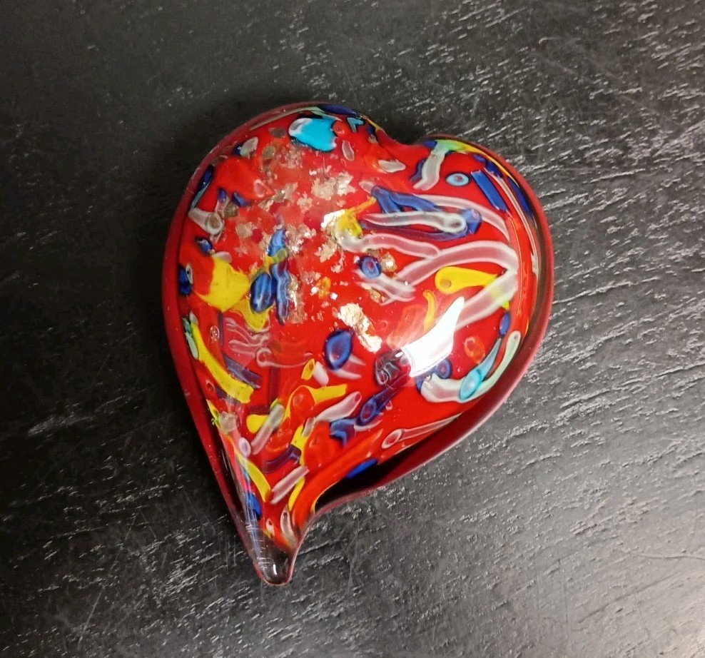 Vintage Murano Hand Blown Red W Multi Colored Glass Heart 4″ Paperweight Figure