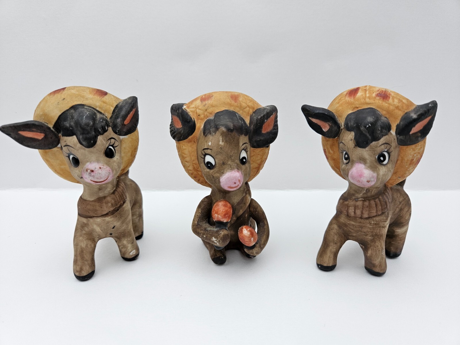 Vintage Sombrero Wearing Donkey Trio Porcelain Bisque Figurines by UCaGCO Korea