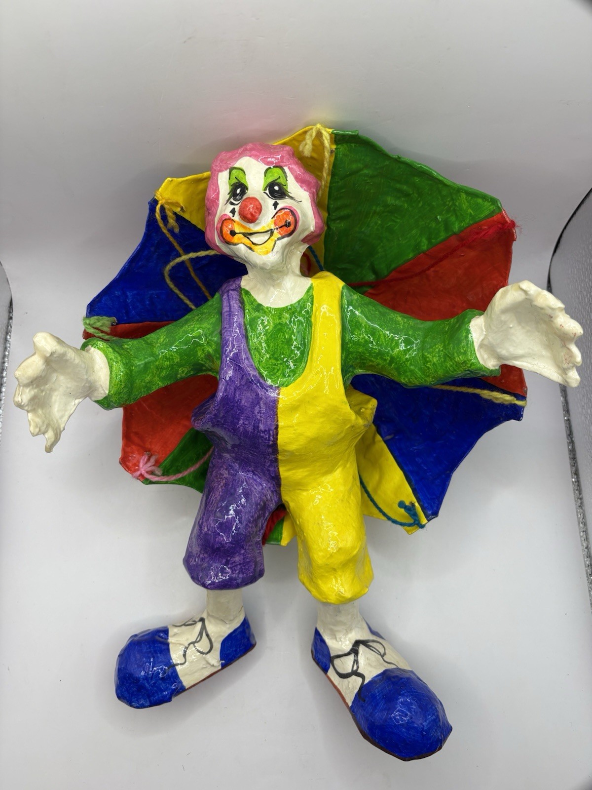 Vtg Papier Mache Parachute Clown Folk Art Balloon Figure Circus Decor Paper 29″