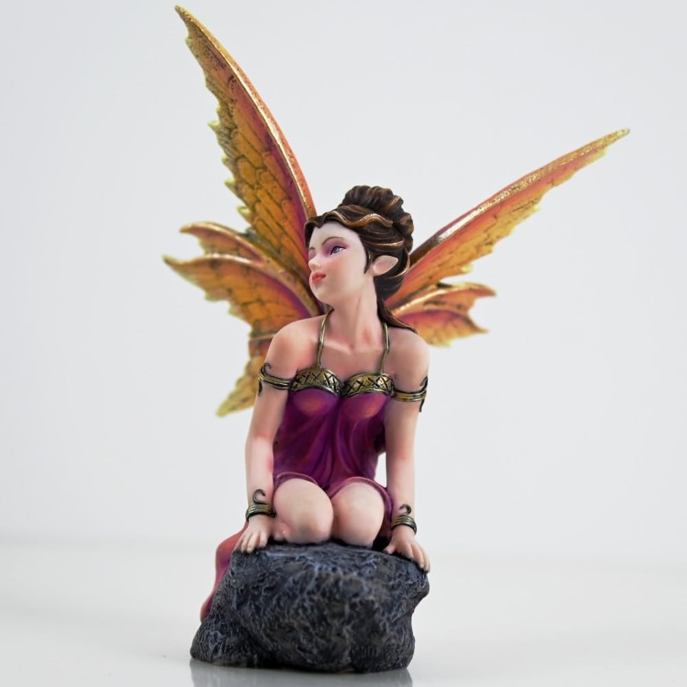 Fantasy Orange-Gold Gradient Wings Fairy Figurine, 6.1 Inch Rock Base Elf Sta…