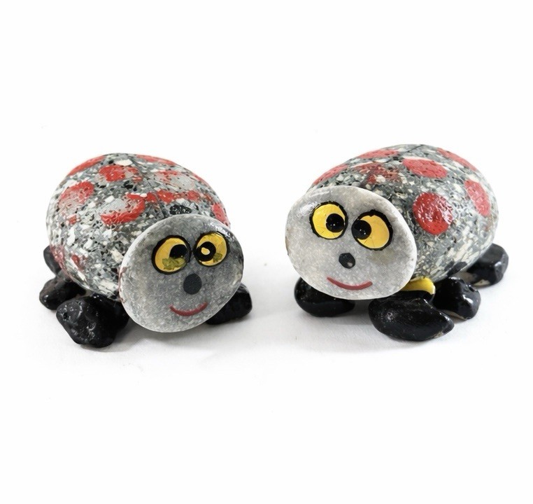 Hand Painted Stone Ladybug Figurines Set of 2 Folk Art Garden Decor 2”