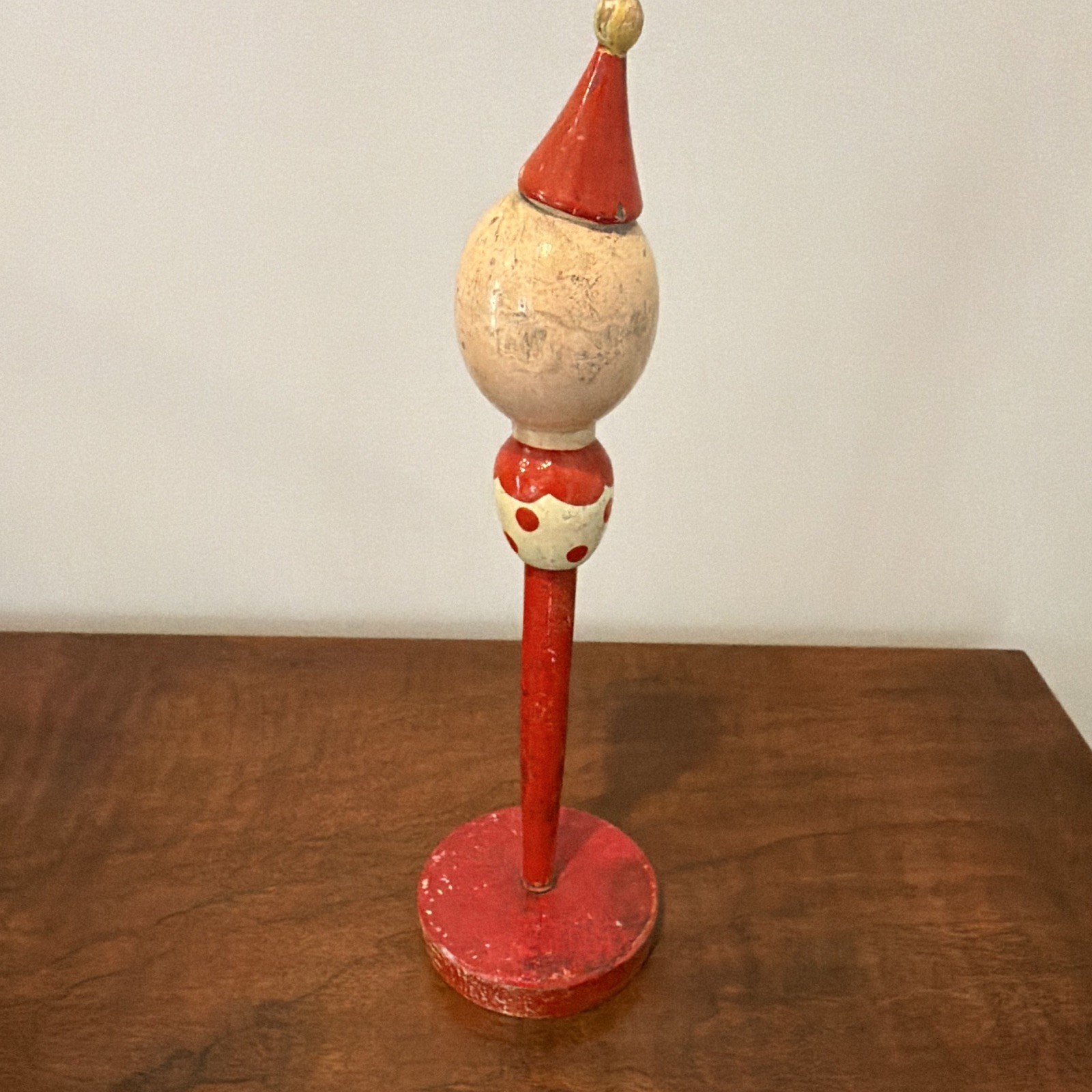 VINTAGE 1900-1919 Hand Painted Wood Clown Figurine on Stand Polka Dot antique