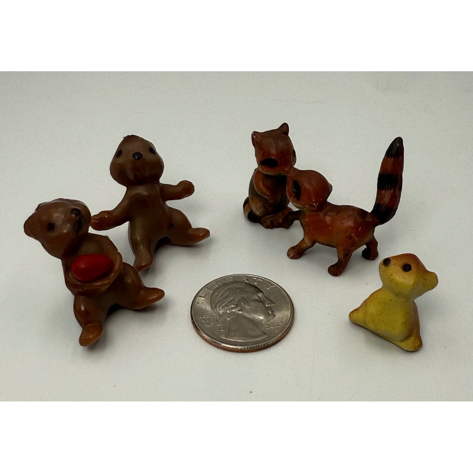 Vintage Miniature Woodland Animal Figurines Set Squirrel Raccoons Acorn 5pc