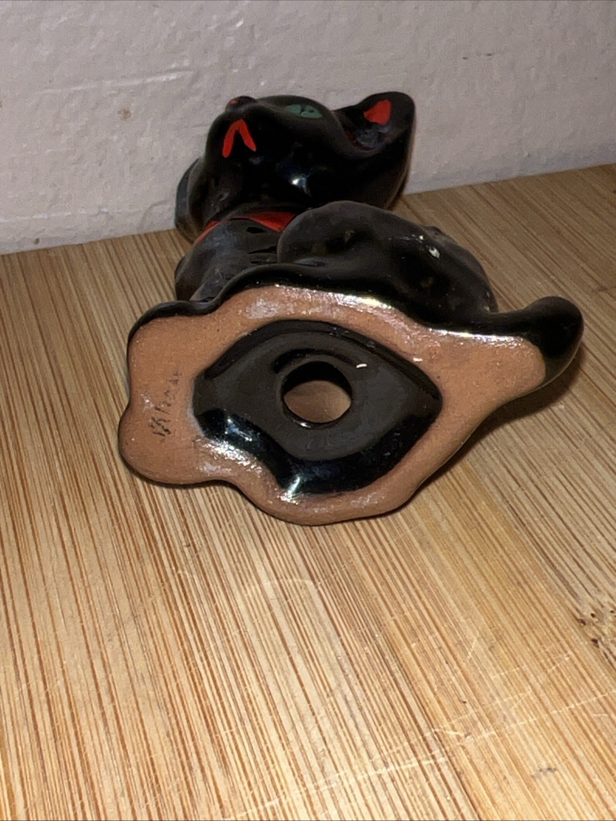 MCM Redware Glazed Red Clay Ceramic Black Cat Figure Red Ear 1950s Japan VINTAGE